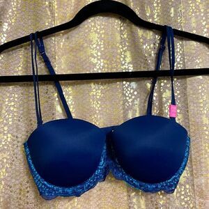 PINK Victoria’s Secret navy blue padded strapless bra, 32C, NWT
